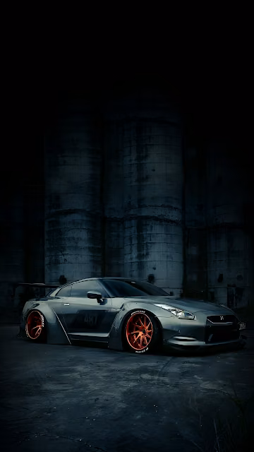 Nissan GTR Modified Dark Industrial Setting Red Rims - Free 4K & 8K Mobile Wallpaper
