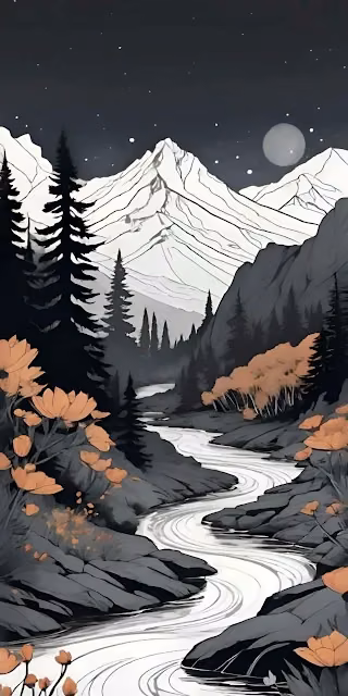 Nocturnal Mountain River Illustration with Orange Blooms - Free 4K & 8K Mobile Wallpaper
