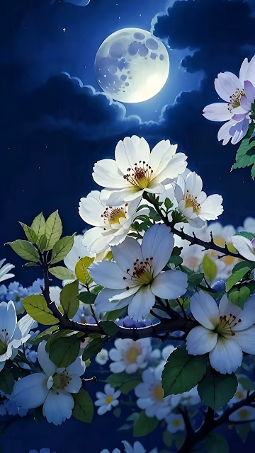 Nocturnal White Cosmos Flowers under Bright Full Moon Glow - Free 4K & 8K Mobile Wallpaper
