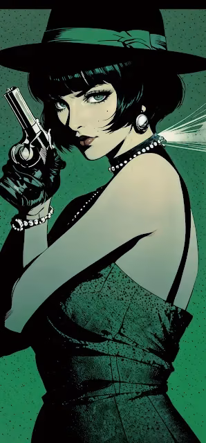 Noir Femme Fatale with Gun in Green Vintage Style - Free 4K & 8K Mobile Wallpaper