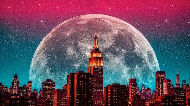 The Empire State Building stands silhouetted against a colossal supermoon in a starry sky. Empire State Building and Manhattan city skyscrapers illuminated in red before a giant textured full moon and starry sky.
