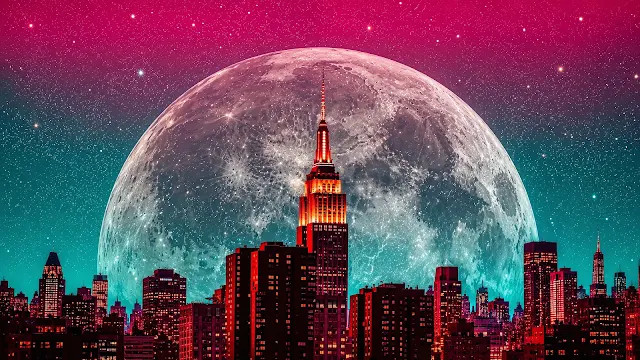 The Empire State Building stands silhouetted against a colossal supermoon in a starry sky. Empire State Building and Manhattan city skyscrapers illuminated in red before a giant textured full moon and starry sky.