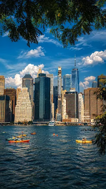 Kayakers paddle along the river against the iconic backdrop of the sunny Manhattan skyline. Kayakers paddle across blue water in front of the towering Lower Manhattan skyline under a partly cloudy sky, framed by tree leaves.