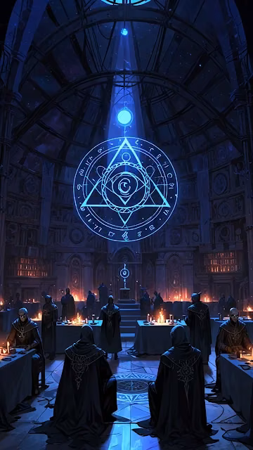 Occult Ritual Chamber with Glowing Blue Eye Symbol and Figures - Free 4K & 8K Mobile Wallpaper