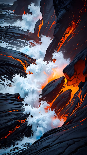 Ocean waves crash against glowing lava flows in volcanic canyon - Free 4K & 8K Mobile Wallpaper