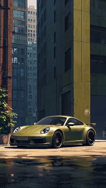 Olive Green Porsche in Sunlit Urban Alley - Free 4K & 8K Mobile Wallpaper