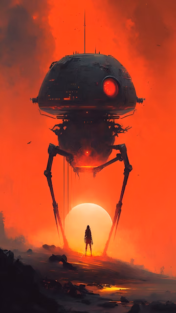 Ominous Sci Fi Tripod War Machine Over Red Alien Planet Art - Free 4K & 8K Mobile Wallpaper