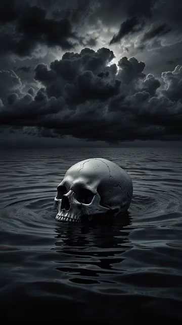 Ominous Skull Floating in Dark Water Under Storm Clouds - Free 4K & 8K Mobile Wallpaper