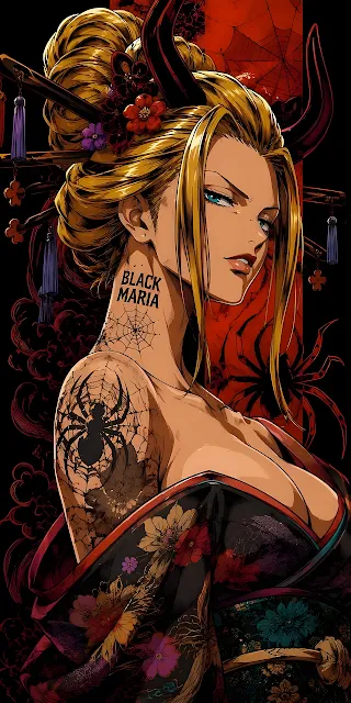 Anime illustration of Black Maria from One Piece with traditional hairpins and a spider tattoo. Black Maria from One Piece wearing a dark floral kimono with spider tattoos visible on her shoulder.