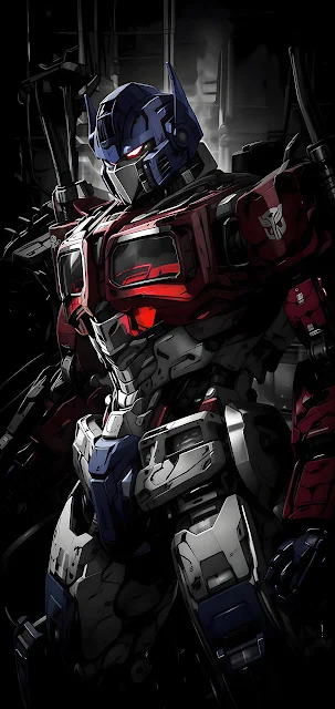 Optimus Prime stands inside a shadowy industrial hangar in stylized red and blue mecha armor. Stylized illustration of Optimus Prime standing in a dark industrial hangar with red and blue armor.