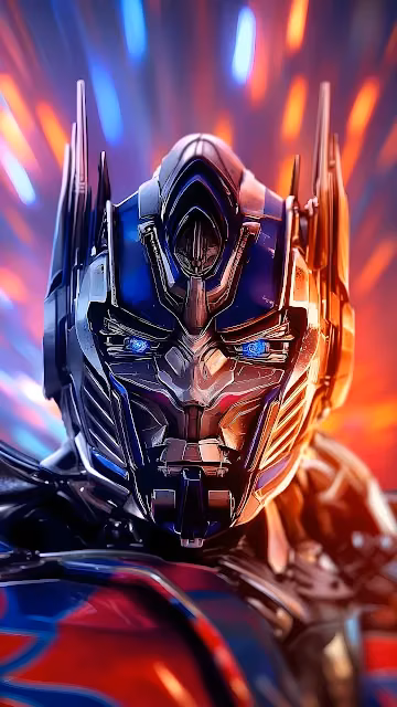 Optimus Prime portrait featuring glowing blue optics against a background of vibrant light streaks. Close-up of Optimus Prime's face with glowing blue eyes and red and blue cybernetic plating.
