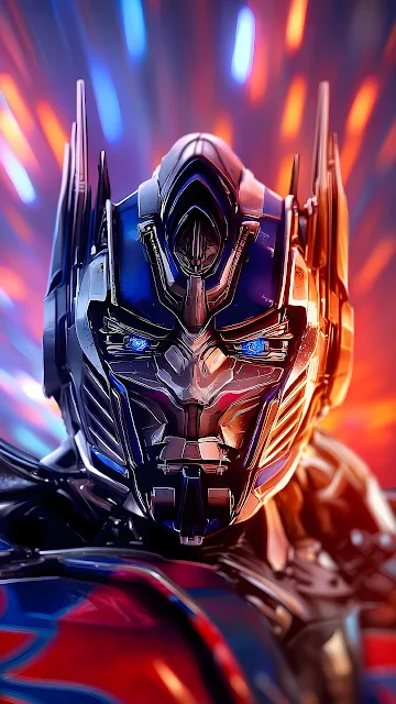 Optimus Prime portrait featuring glowing blue optics against a background of vibrant light streaks. Close-up of Optimus Prime's face with glowing blue eyes and red and blue cybernetic plating.