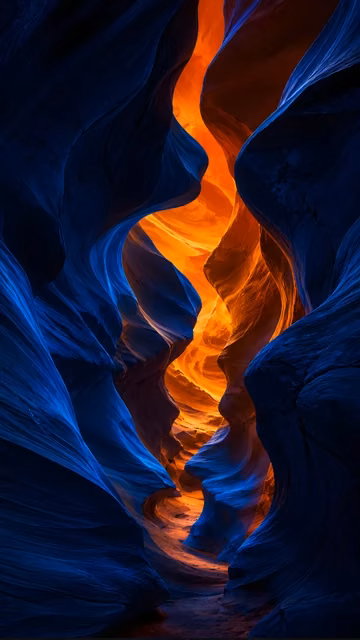 Deep blue sculpted forms surround a glowing orange abstract canyon.