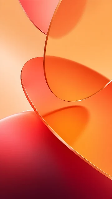 Minimalist abstract 3D render of curved translucent orange and red glass discs with soft gradient lighting.