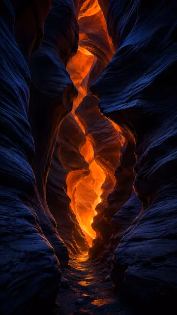 Warm orange light glows between dark indigo layered canyon forms.