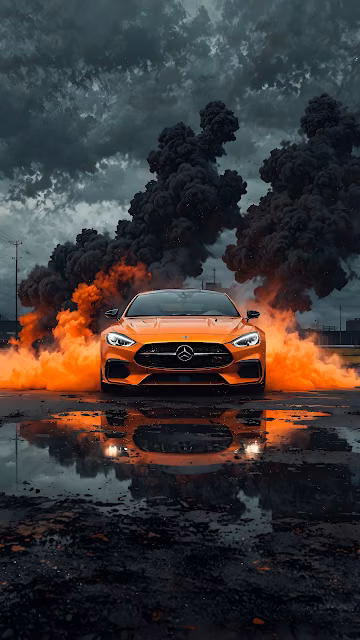 Orange Mercedes AMG GT Smoke Explosion Dramatic - Free 4K & 8K Mobile Wallpaper