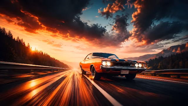 Orange classic muscle car accelerates down a mountain highway under an orange sunset sky. Vintage orange muscle car driving fast along an asphalt road toward a fiery mountain sunset.