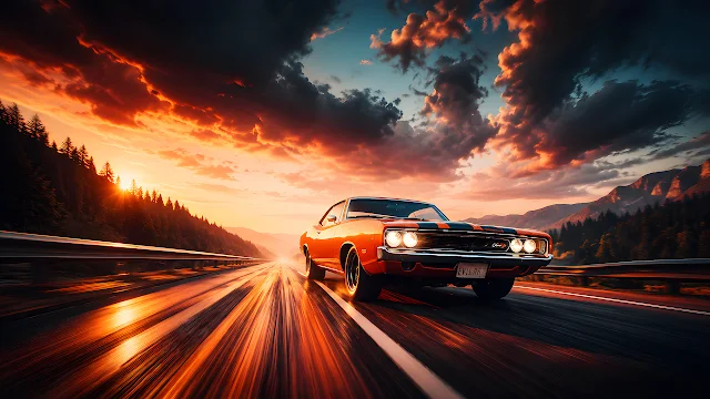 Orange classic muscle car accelerates down a mountain highway under an orange sunset sky. Vintage orange muscle car driving fast along an asphalt road toward a fiery mountain sunset.