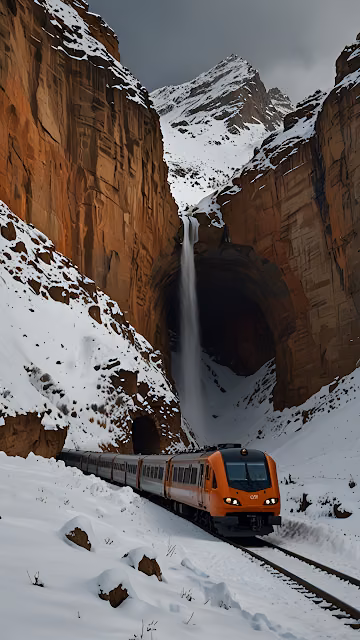 Orange Passenger Train Snowy Canyon Waterfall Landscape - Free 4K & 8K Mobile Wallpaper