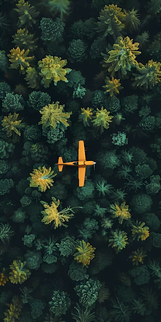 Orange Plane Flying Over Dense Tropical Forest Canopy - Free 4K & 8K Mobile Wallpaper
