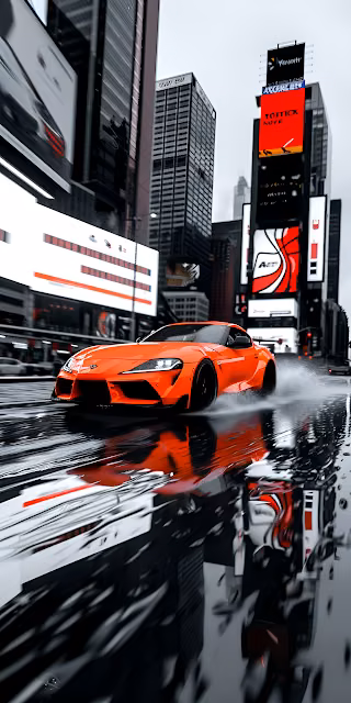 Orange Sports Car Speeding Through Wet City Street Scene - Free 4K & 8K Mobile Wallpaper