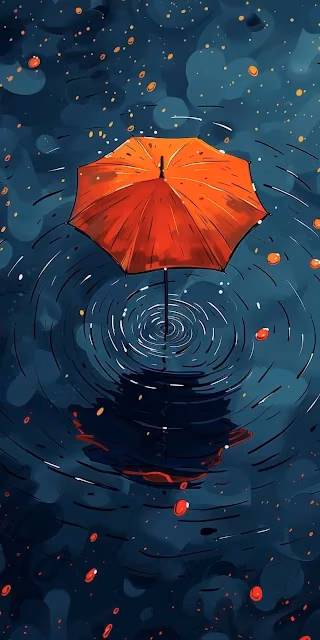 Orange Umbrella in Dark Raining Water Illustration Art - Free 4K & 8K Mobile Wallpaper