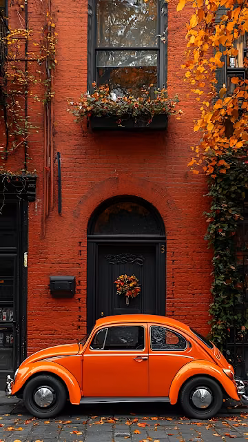 Orange Vintage Beetle Parked Before Red Brick House - Free 4K & 8K Mobile Wallpaper