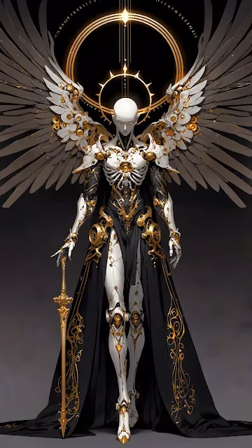 Ornate Angelic Cyborg Warrior, Black Gold Mecha Design - Free 4K & 8K Mobile Wallpaper