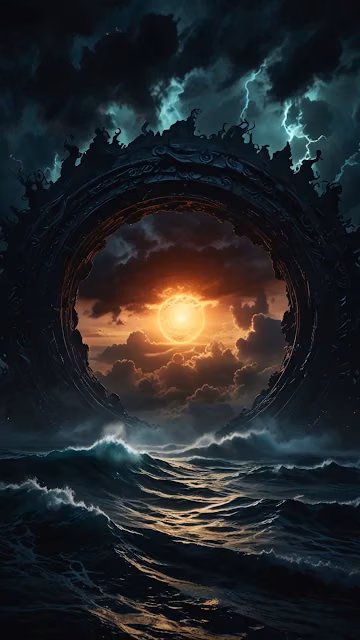 Ornate dark ring frames sunset over stormy ocean with lightning - Free 4K & 8K Mobile Wallpaper