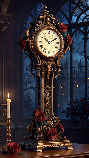 Ornate Gothic Clock with Red Roses and Castle View - Free 4K & 8K Mobile Wallpaper