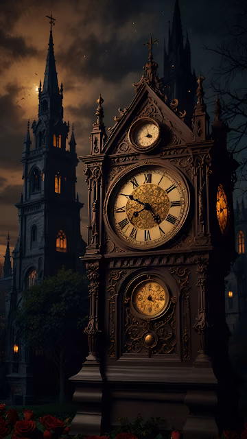 Ornate Gothic Clock Tower in Dark Castle Courtyard Night - Free 4K & 8K Mobile Wallpaper