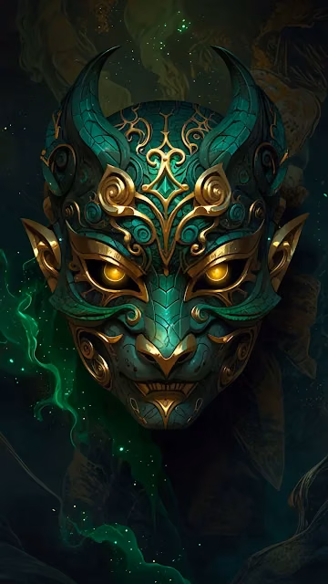 Ornate teal and gold demon mask with glowing yellow eyes - Free 4K & 8K Mobile Wallpaper