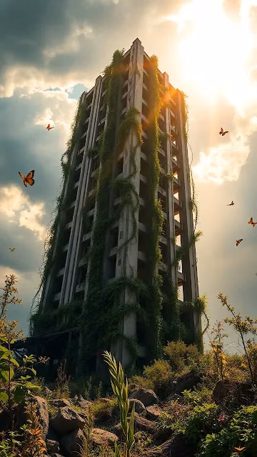Overgrown Ruined Tower with Butterflies at Sunset - Free 4K & 8K Mobile Wallpaper