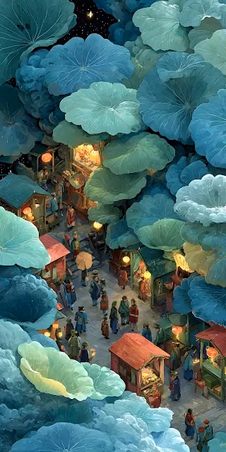 Overhead Market View Under Giant Lotus Leaves - Free 4K & 8K Mobile Wallpaper