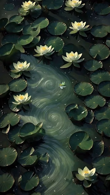 Overhead View of Water Lilies in Dark Pond with Swirls - Free 4K & 8K Mobile Wallpaper