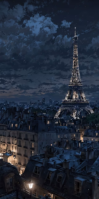 Parisian Night Rooftops Eiffel Tower Anime Cityscape - Free 4K & 8K Mobile Wallpaper