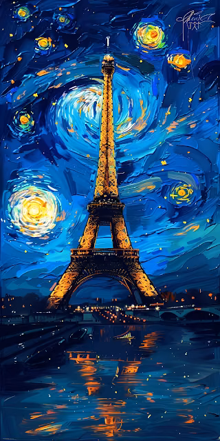 Parisian Starry Night Eiffel Tower Impasto Painting Art - Free 4K & 8K Mobile Wallpaper