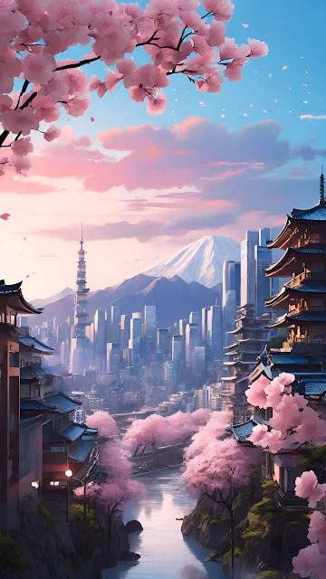Pastel Japan Cityscape Mount Fuji Sakura River - Free 4K & 8K Mobile Wallpaper