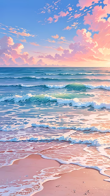 Pastel Sunset Waves Rolling onto Sandy Beach - Free 4K & 8K Mobile Wallpaper