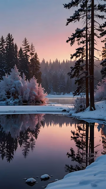 Pastel Winter Sunset Reflection on Snowy Forest Lake - Free 4K & 8K Mobile Wallpaper