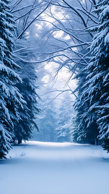 Peaceful Snow Covered Pine Forest Path in Winter - Free 4K & 8K Mobile Wallpaper