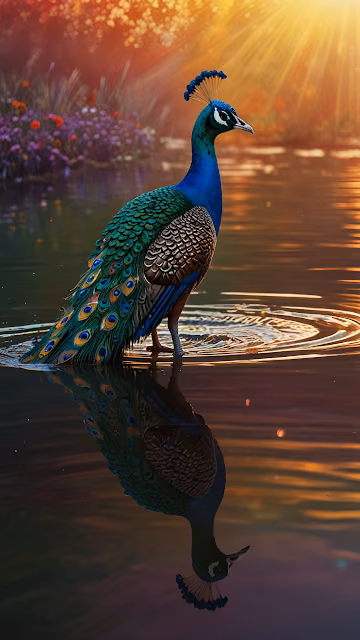 Peacock Standing in Water with Golden Sunset Reflection - Free 4K & 8K Mobile Wallpaper