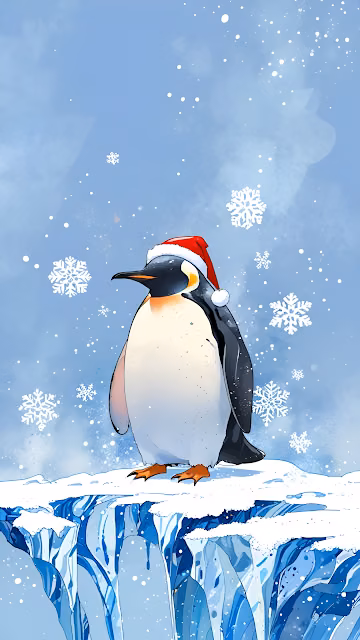 Penguin Wearing Santa Hat on Snowy Ice Cliff in Winter - Free 4K & 8K Mobile Wallpaper