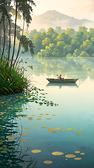 Person Rowing Boat on Calm Lake with Forest and Mountain - Free 4K & 8K Mobile Wallpaper