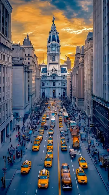 Philadelphia City Hall and Broad Street Traffic at Sunset - Free 4K & 8K Mobile Wallpaper