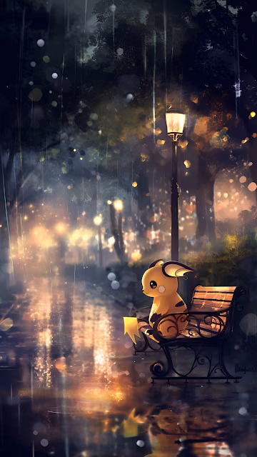 Pichu on Rainy Park Bench Under Glowing Streetlamp - Free 4K & 8K Mobile Wallpaper