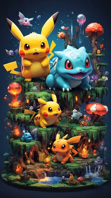 Pikachu and Bulbasaur gather on glowing forest tiered island - Free 4K & 8K Mobile Wallpaper
