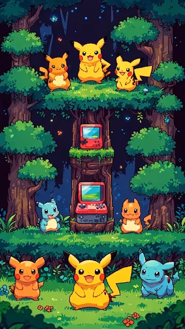 Pikachu and friends gather around treehouse with gaming consoles - Free 4K & 8K Mobile Wallpaper