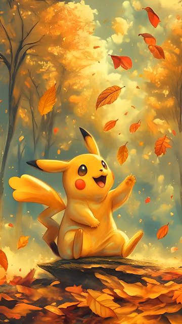 Pikachu Joyfully Playing in Falling Autumn Leaves - Free 4K & 8K Mobile Wallpaper