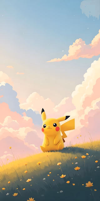 Pikachu Sitting on Flowered Hill Under Pastel Sky - Free 4K & 8K Mobile Wallpaper